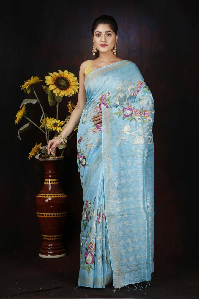 Sky Blue Floral Embroidery Silk Linen Saree