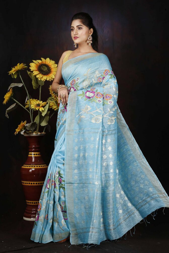 Sky Blue Floral Embroidery Silk Linen Saree