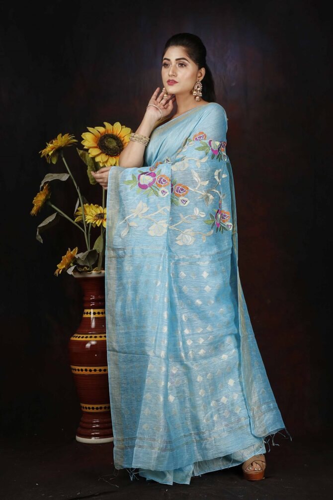 Sky Blue Floral Embroidery Silk Linen Saree