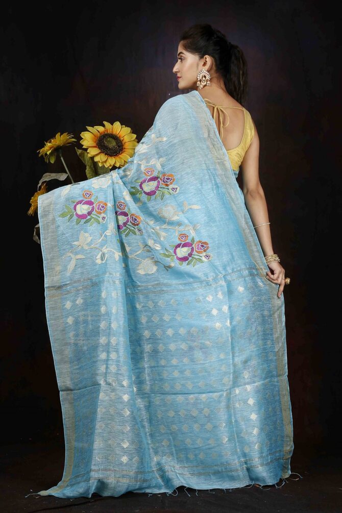 Sky Blue Floral Embroidery Silk Linen Saree