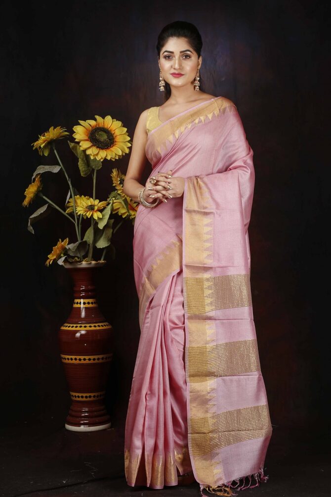 Pink and Gold Pure Tassar Silk Saree