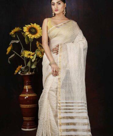 White Zari Silk Stripped Saree