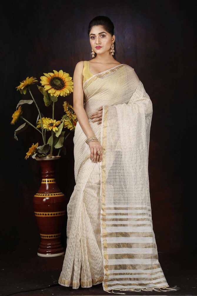 White Zari Silk Stripped Saree