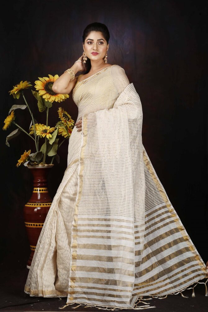 White Zari Silk Stripped Saree