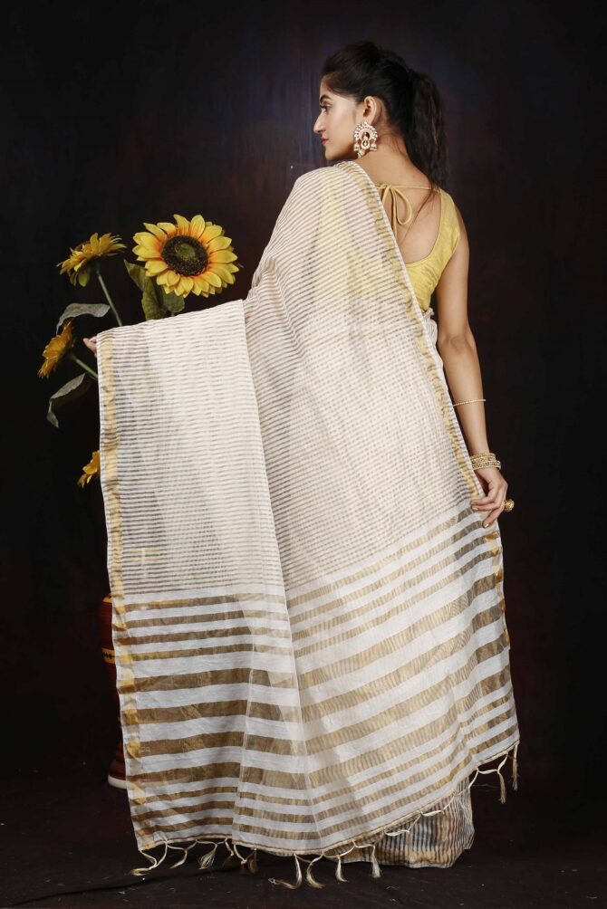 White Zari Silk Stripped Saree
