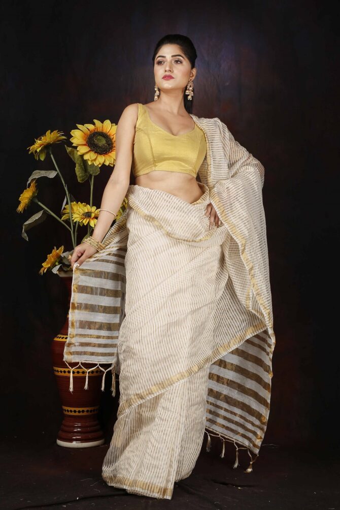 White Zari Silk Stripped Saree