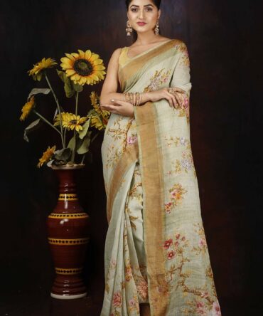 Light Pastel Green Floral Pink Linen Digital Print Saree