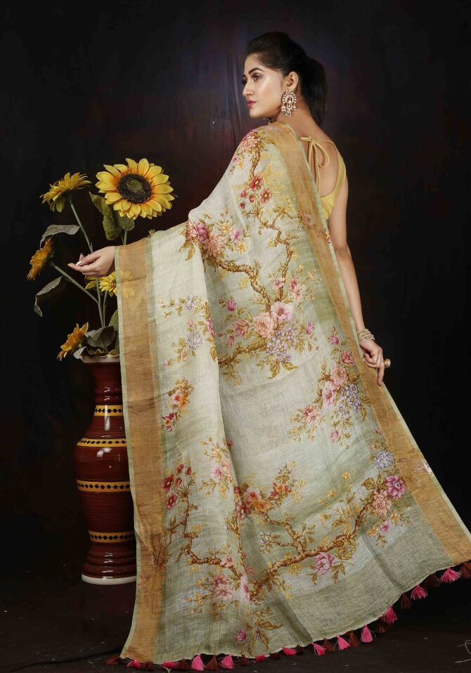 Light Pastel Green Floral Pink Linen Digital Print Saree