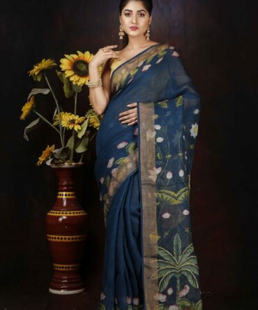 Saphire Blue Kalamkari Monga SIlk Digital Print Saree