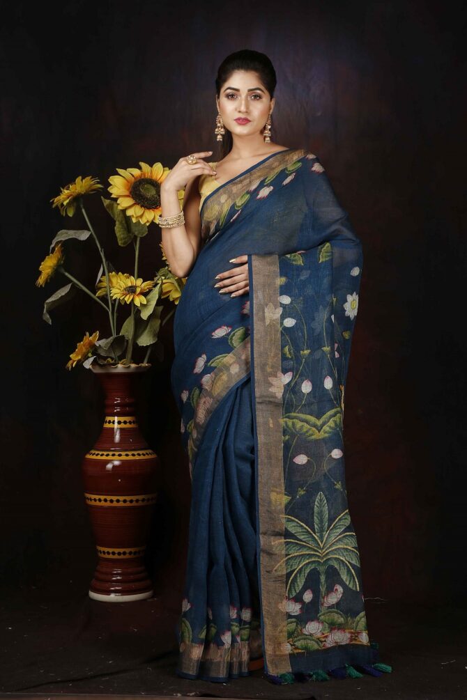 Saphire Blue Kalamkari Monga SIlk Digital Print Saree