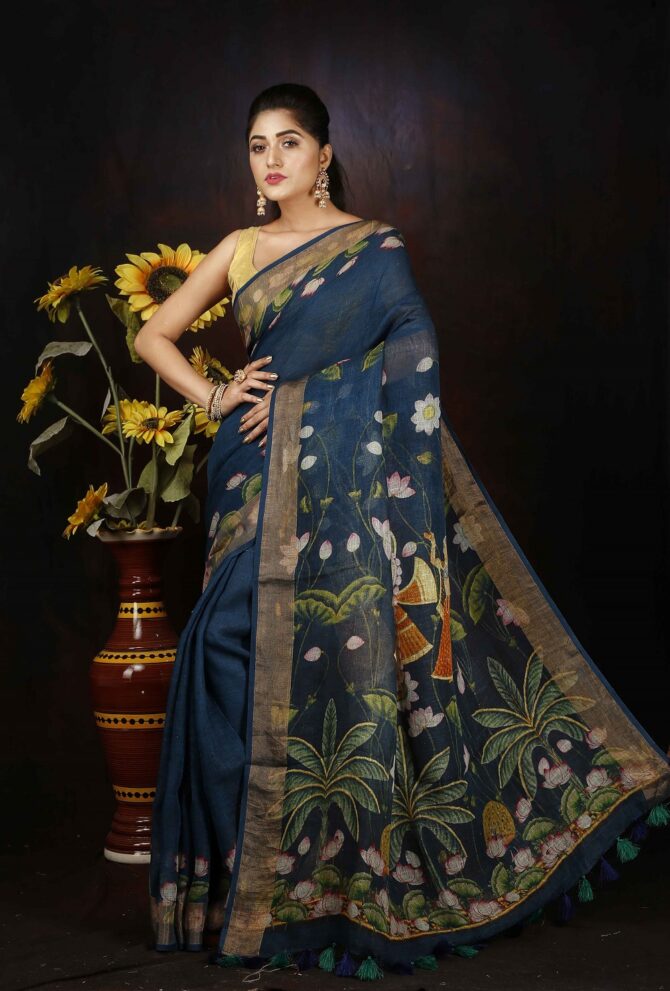 Saphire Blue Kalamkari Monga SIlk Digital Print Saree