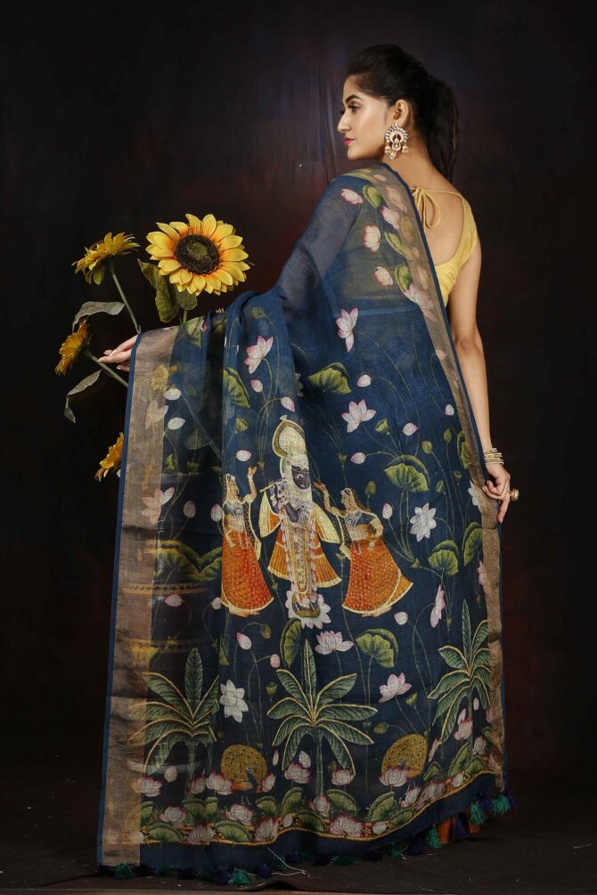 Saphire Blue Kalamkari Monga SIlk Digital Print Saree