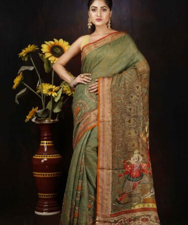 Green Durga Maa Kalamkari Linen Digital Print Saree