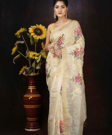 Cream and Pink Floral Embroidery Silk Linen Saree