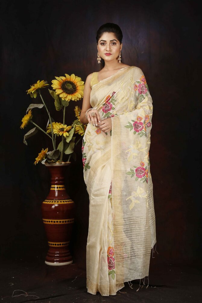 Cream and Pink Floral Embroidery Silk Linen Saree