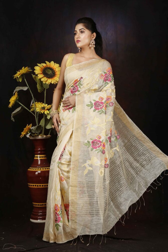 Cream and Pink Floral Embroidery Silk Linen Saree