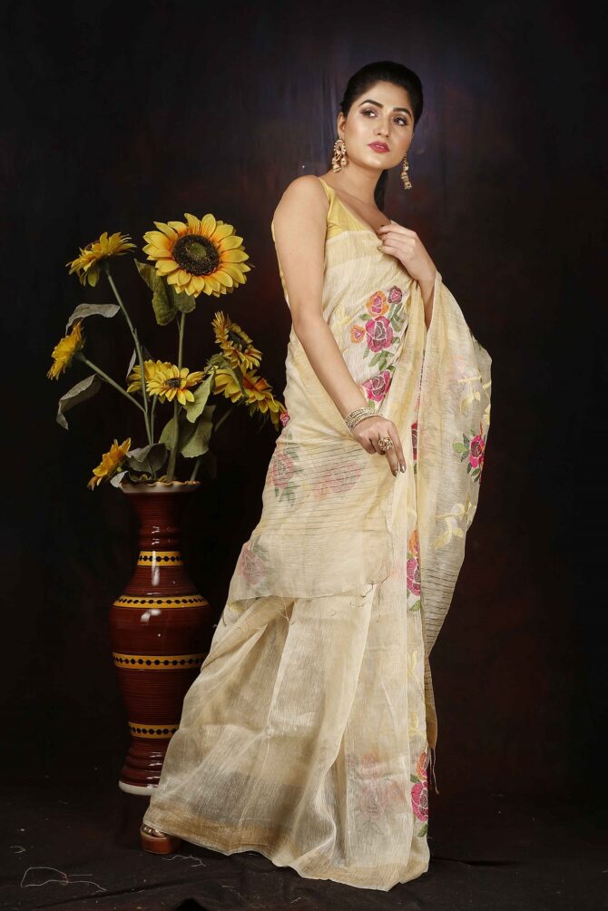 Cream and Pink Floral Embroidery Silk Linen Saree