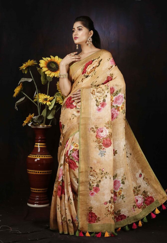 Creame Floral Linen Digital Print Saree