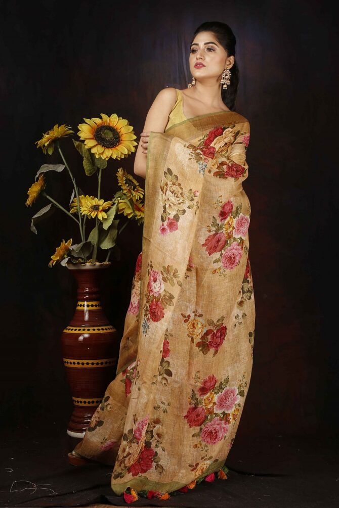 Creame Floral Linen Digital Print Saree
