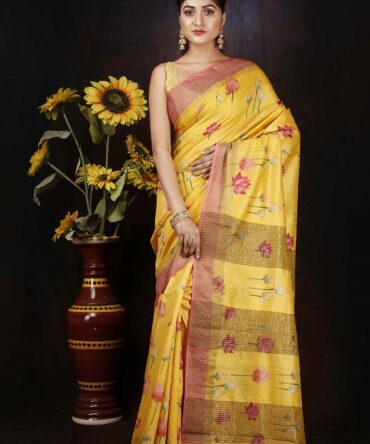 Yellow Pichwai  Pink Tussar Digital Print Saree