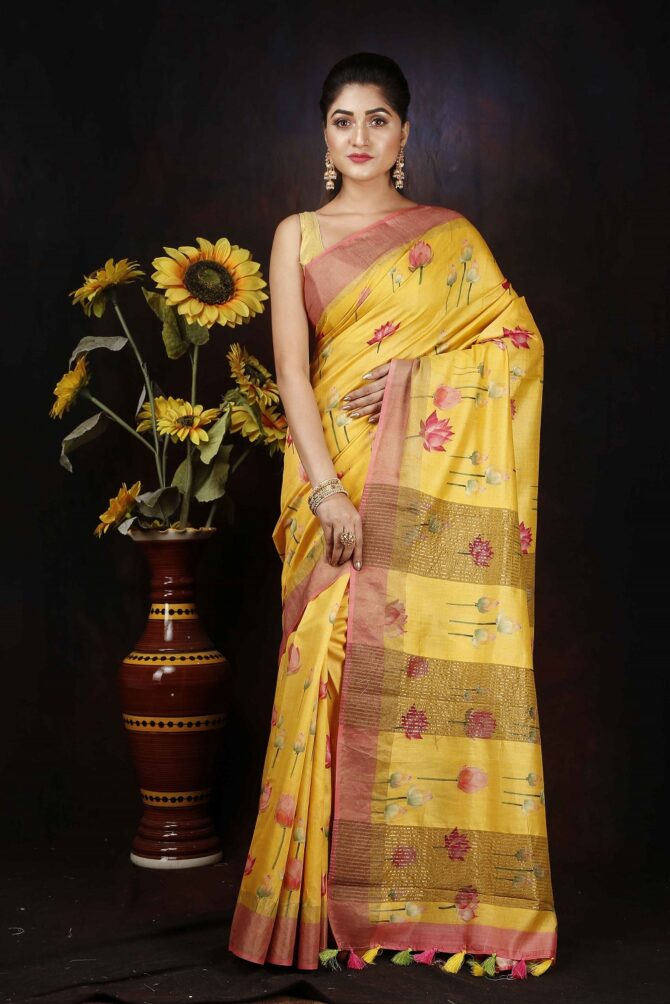 Yellow Pichwai  Pink Tussar Digital Print Saree