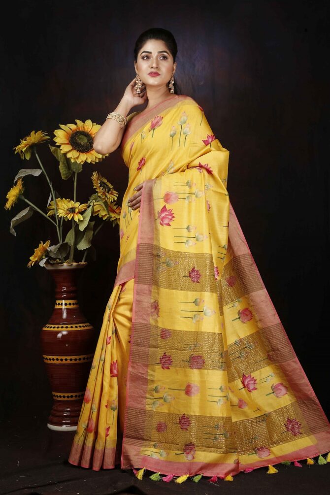 Yellow Pichwai  Pink Tussar Digital Print Saree