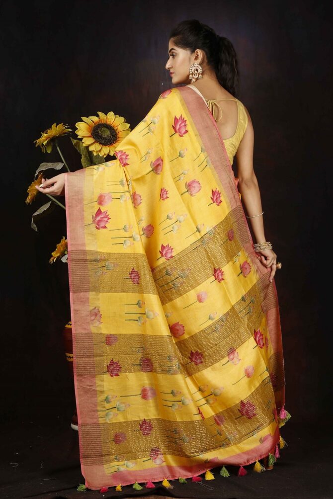 Yellow Pichwai  Pink Tussar Digital Print Saree