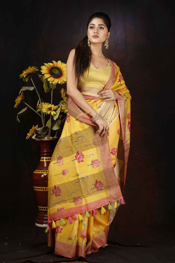 Yellow Pichwai  Pink Tussar Digital Print Saree