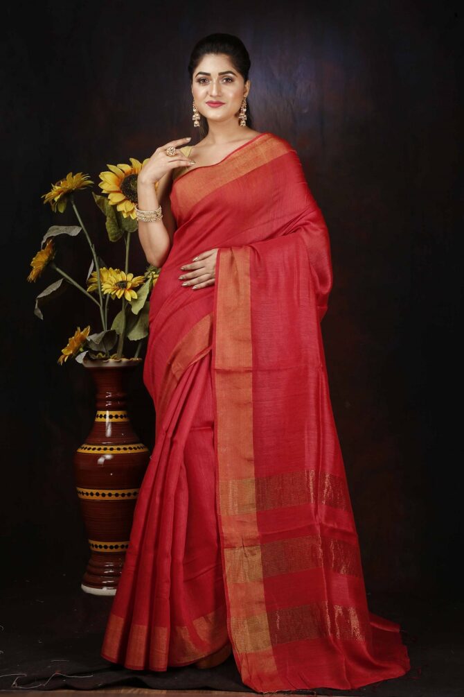 Persian Red Solid Pure Silk Saree