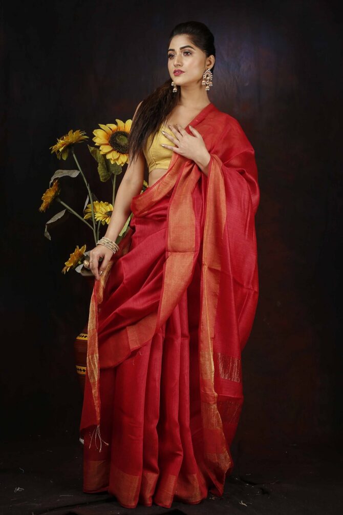 Persian Red Solid Pure Silk Saree