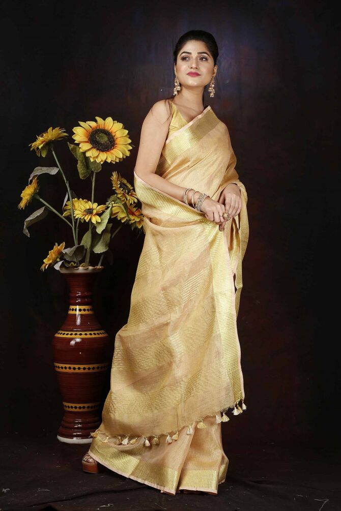 Creme Tissue Linen Saree