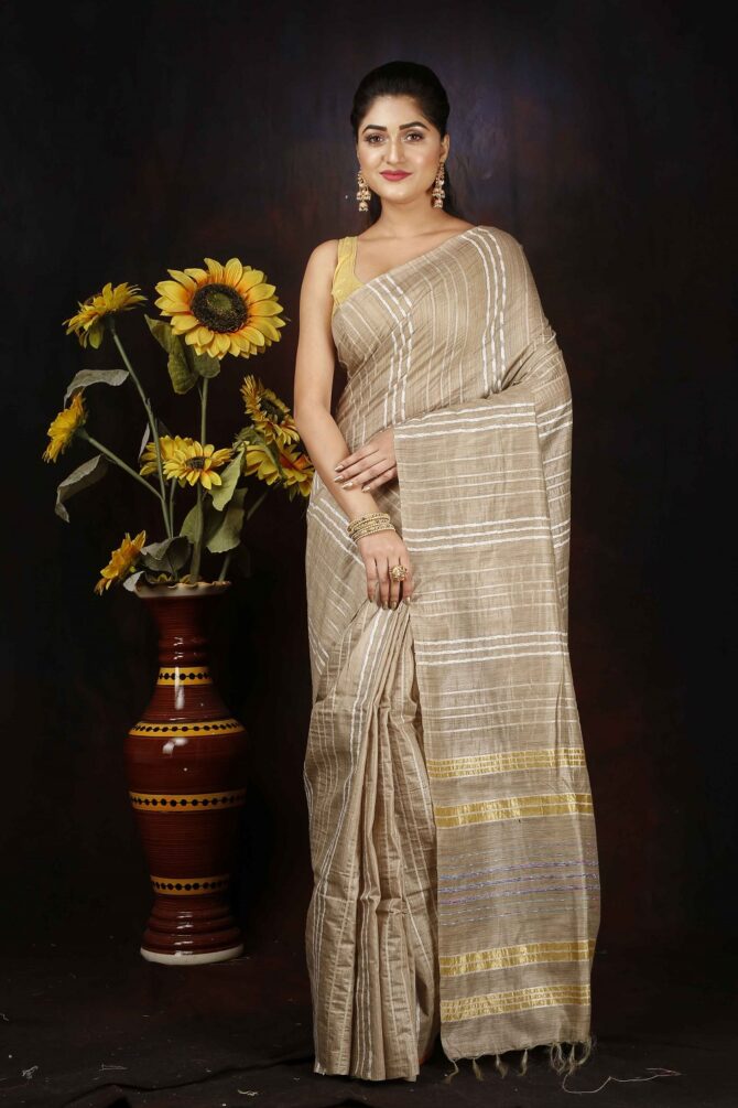 Light tan Stripped Semi Silk Saree