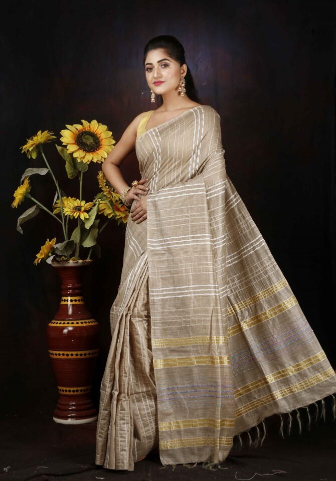 Light tan Stripped Semi Silk Saree