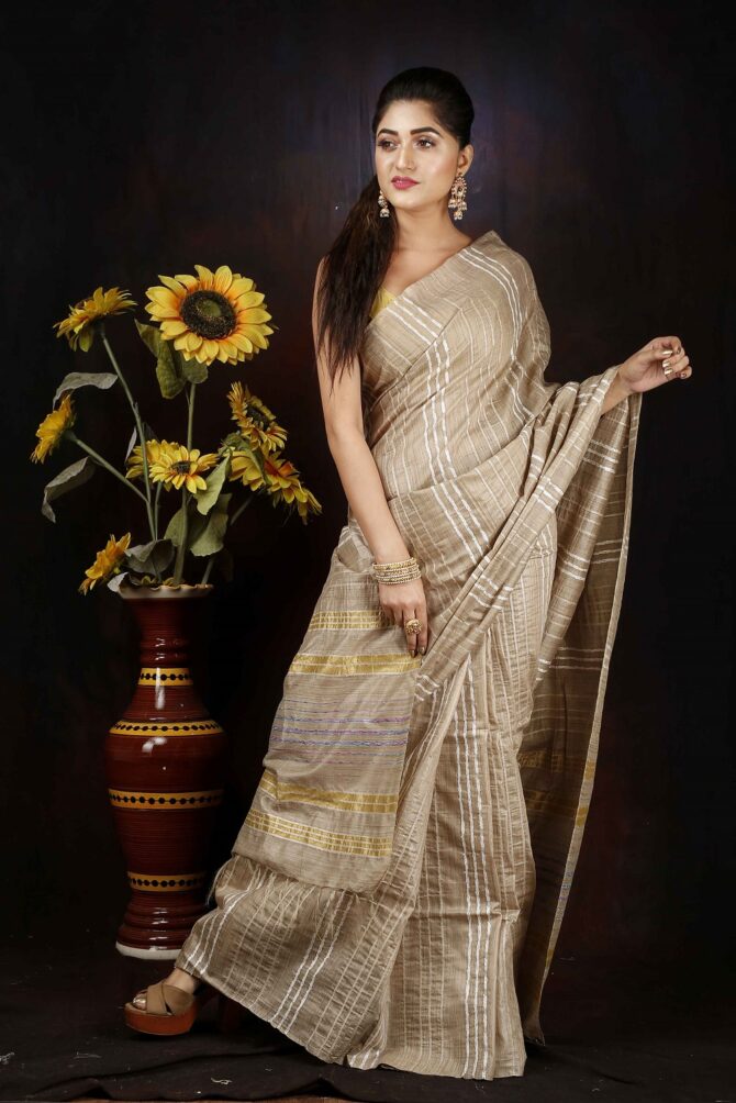 Light tan Stripped Semi Silk Saree