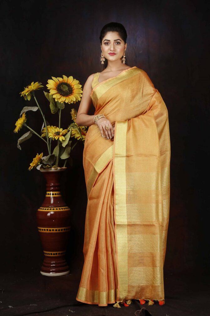 Deep Saffron Orange Tissue Linen Saree