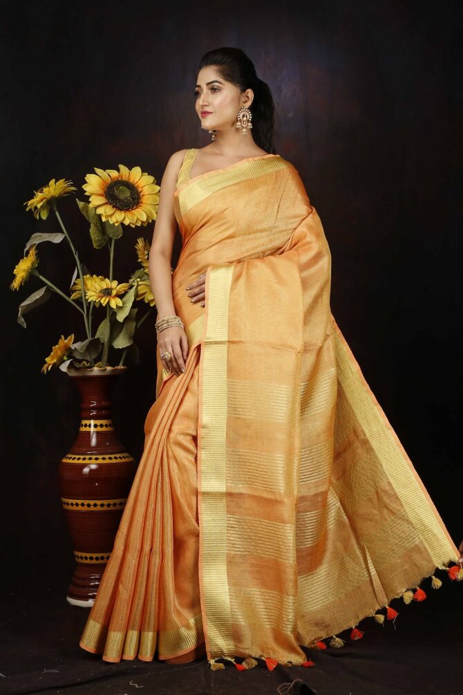 Deep Saffron Orange Tissue Linen Saree