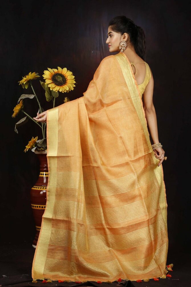 Deep Saffron Orange Tissue Linen Saree