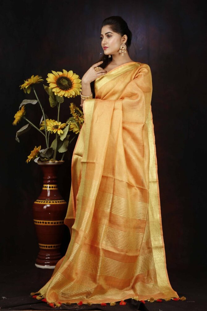 Deep Saffron Orange Tissue Linen Saree