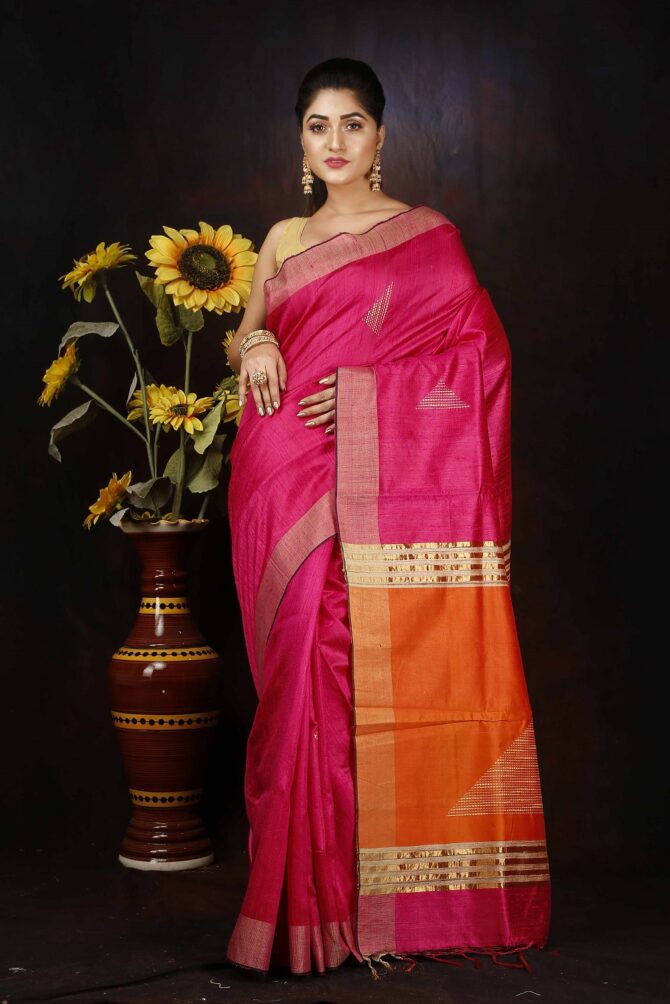 Pink and Orange Dupion Silk Handloom Weaving Saree