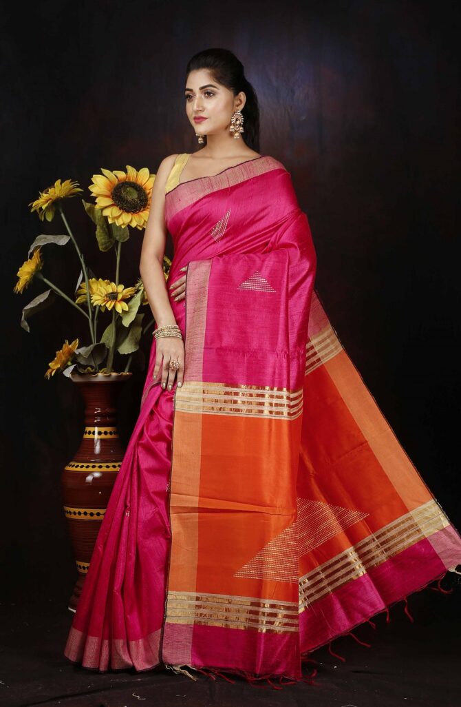 Pink and Orange Dupion Silk Handloom Weaving Saree