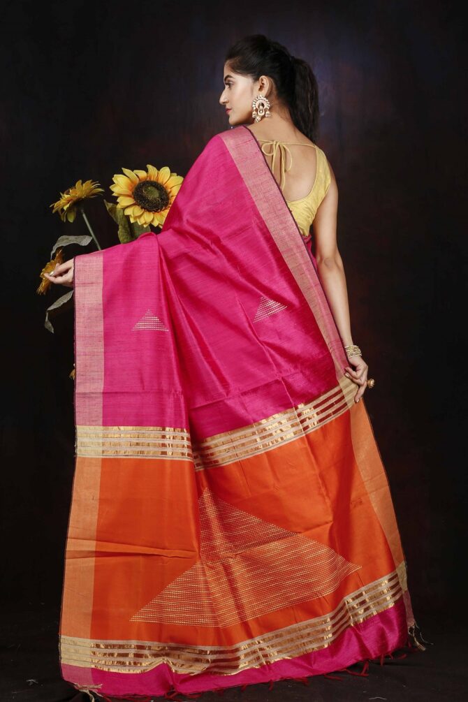 Pink and Orange Dupion Silk Handloom Weaving Saree