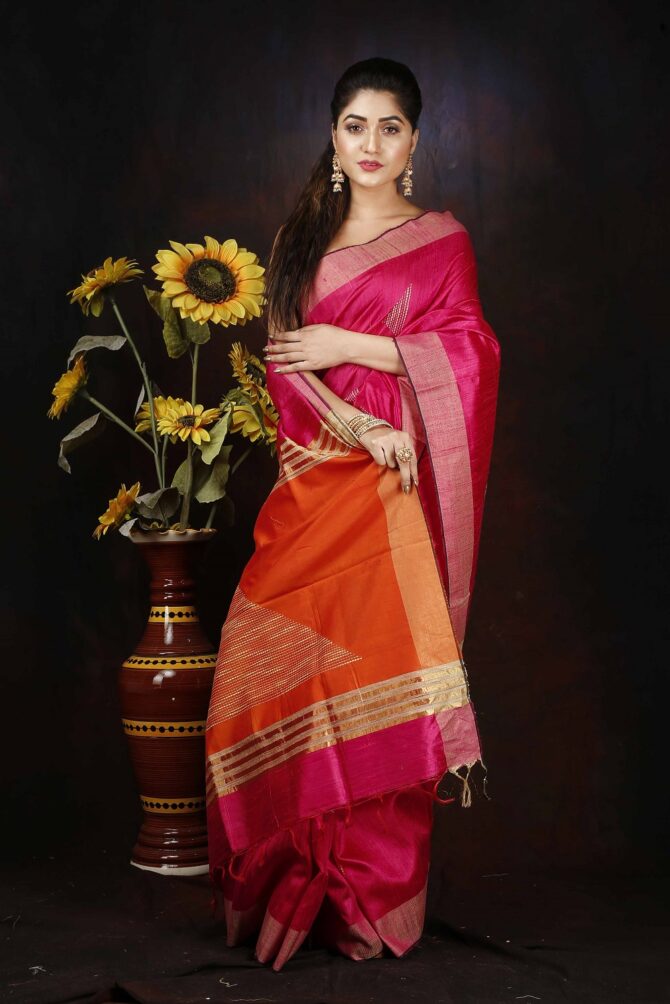 Pink and Orange Dupion Silk Handloom Weaving Saree