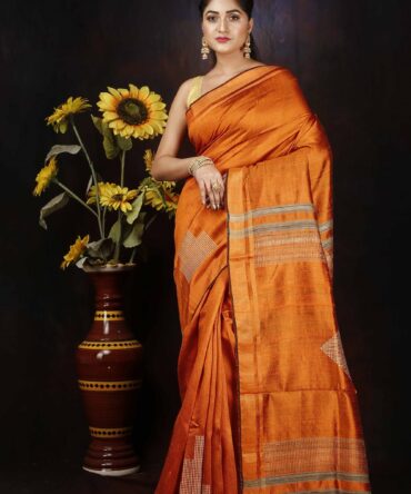 Metallic Orange Dupion Silk Handloom Weaving Saree