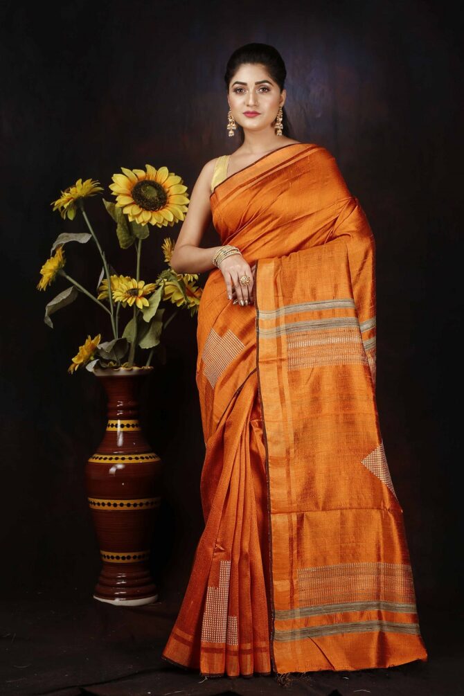 Metallic Orange Dupion Silk Handloom Weaving Saree