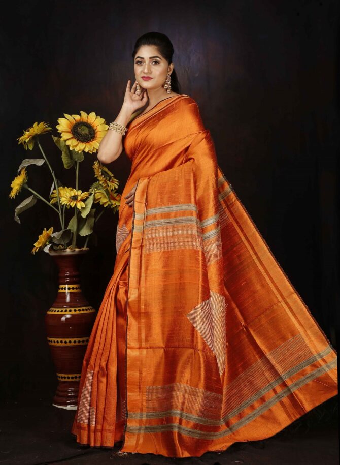 Metallic Orange Dupion Silk Handloom Weaving Saree
