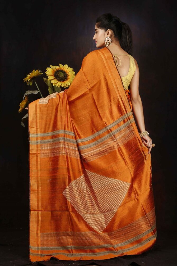 Metallic Orange Dupion Silk Handloom Weaving Saree