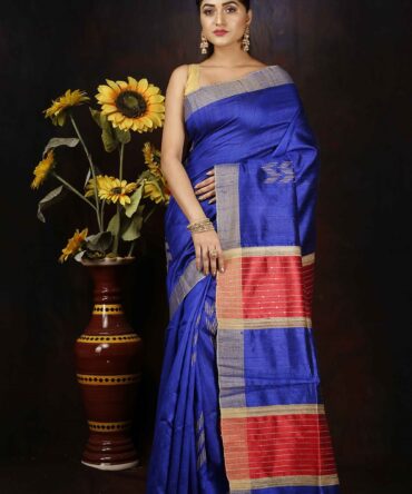 Blue and Red Dupion Silk Handloom Waeving Saree