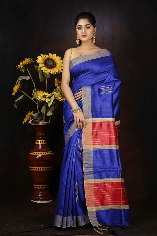 Blue and Red Dupion Silk Handloom Waeving Saree