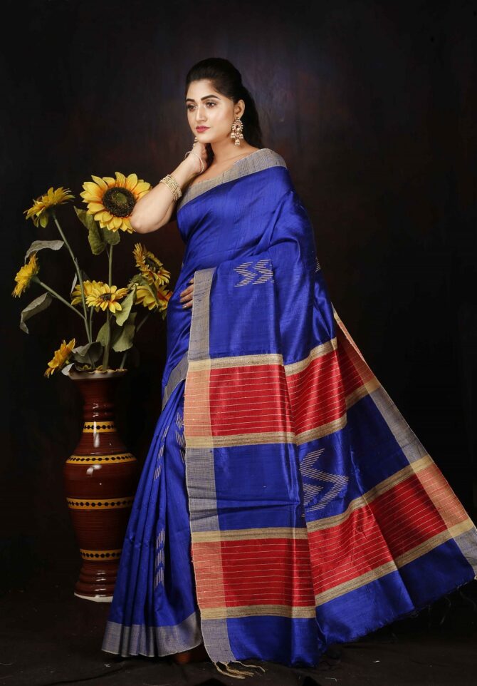 Blue and Red Dupion Silk Handloom Waeving Saree