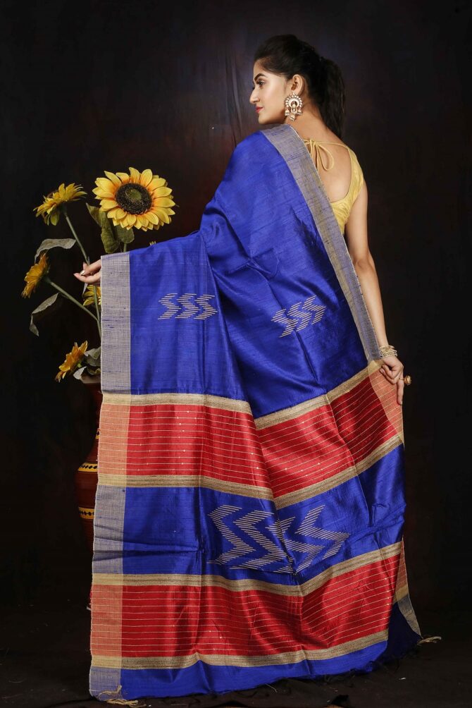 Blue and Red Dupion Silk Handloom Waeving Saree